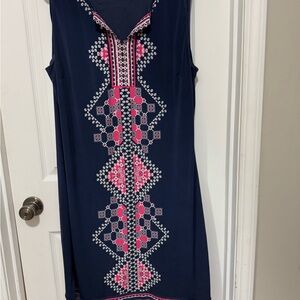 Navy Sleeveless Dress with Pink Geometric Pattern